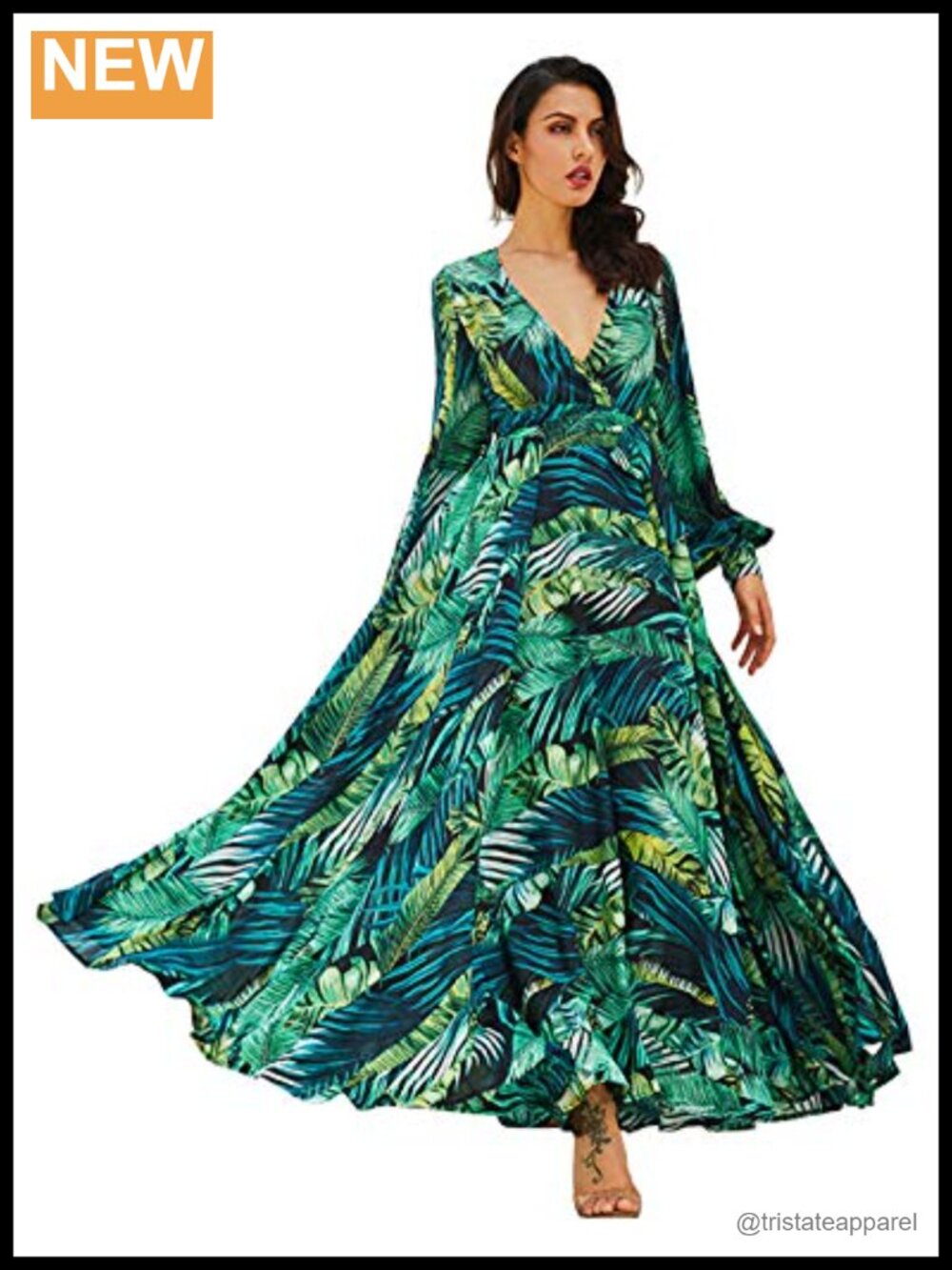 R.Vivimos Chiffon V Neck Long Sleeve Tie Waist Boho Maxi Dress